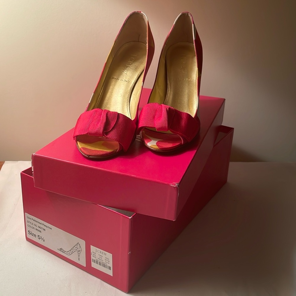 J. Crew womens heels.  Fabric, shades of pink, white, gold/mustard